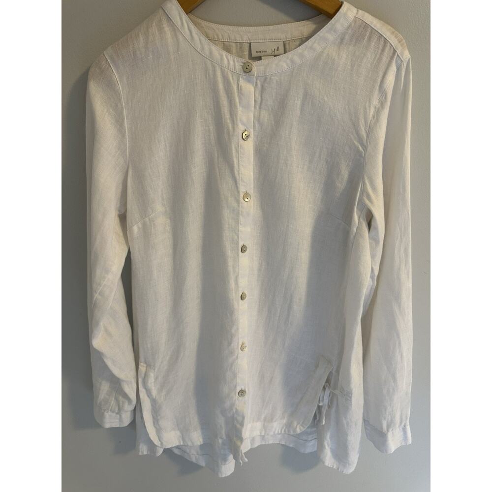 J Jill Love Linen Blue Striped Button Front Tunic Shirt Top XS White Preppy